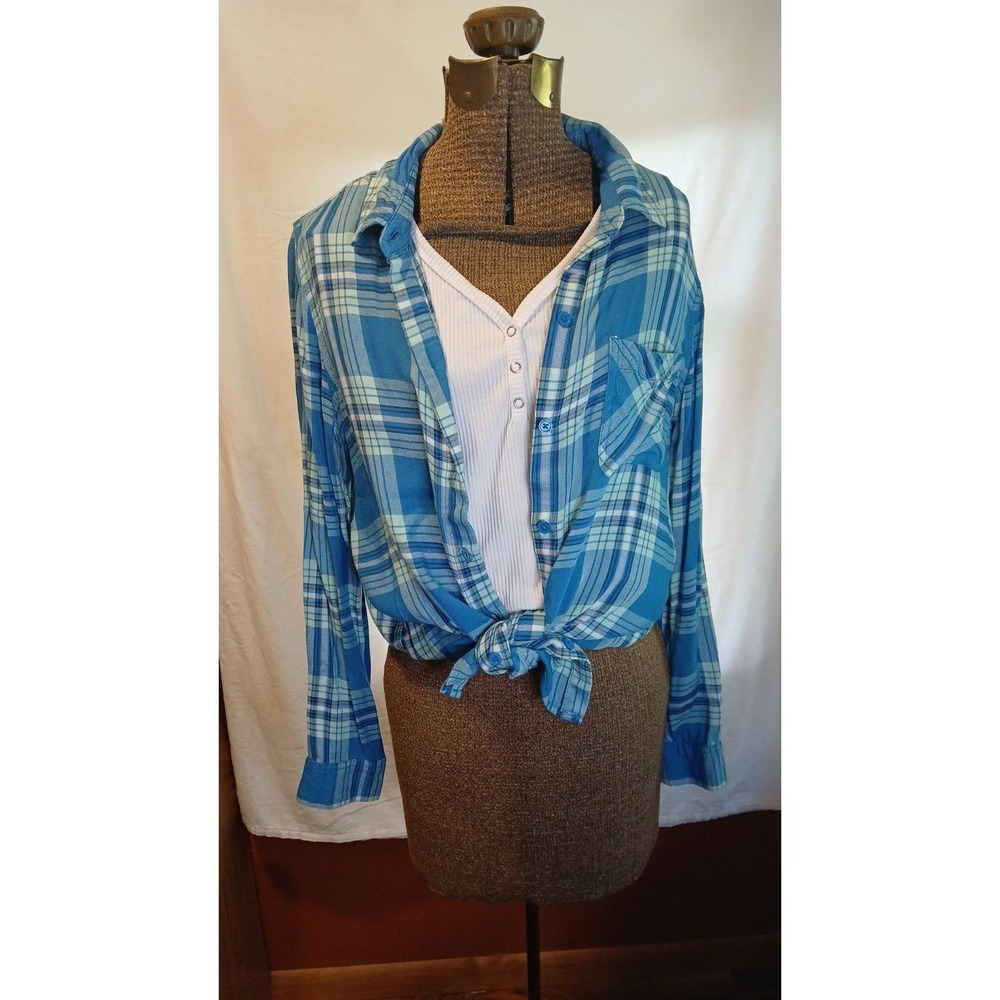 Time and Tru Blue White Plaid Button Down Shirt Long Sleeve Top Large 12-14